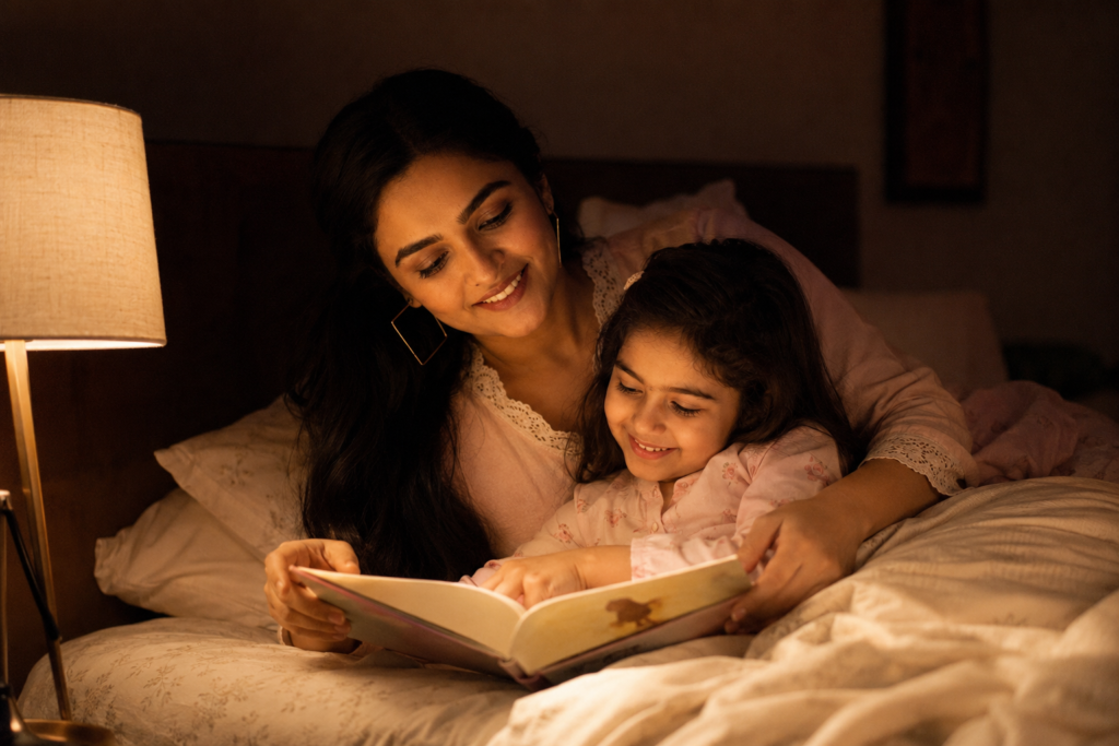Mother and young daughter reading a picture book at bedtime