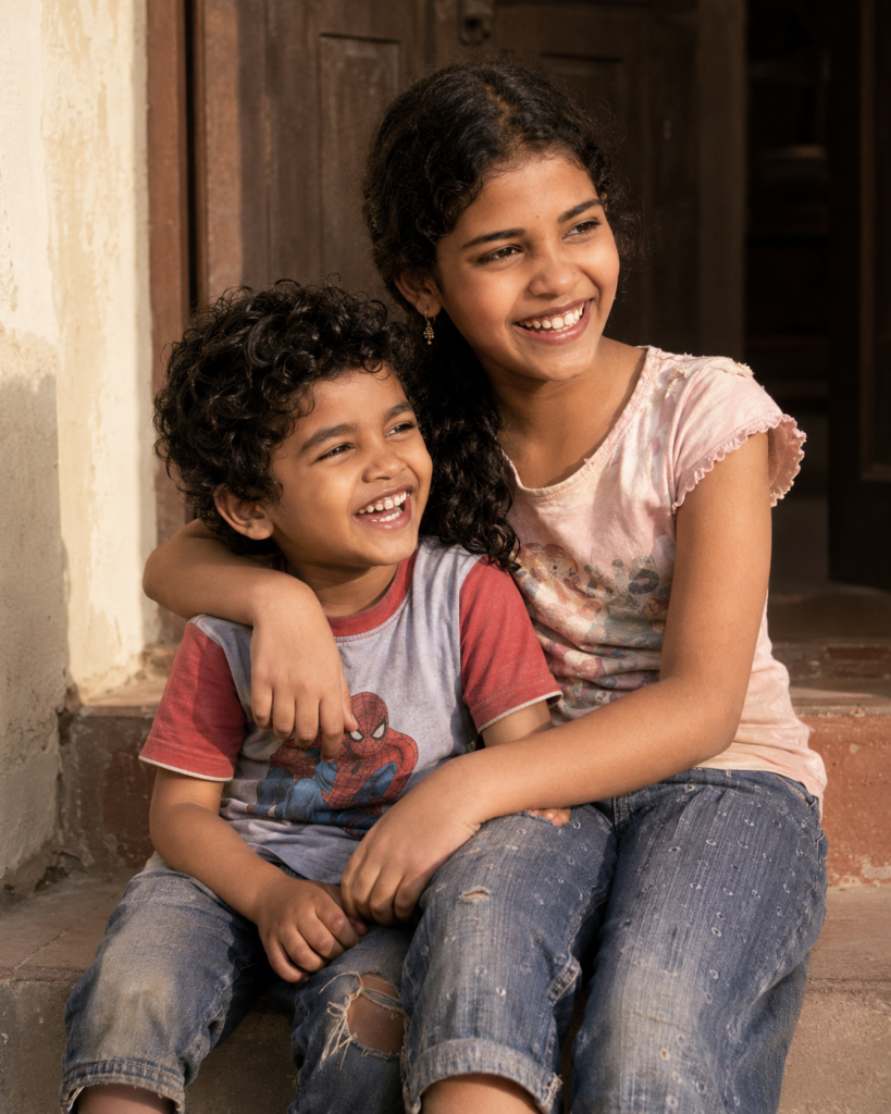 Elder sister sitting protectively beside her younger brother