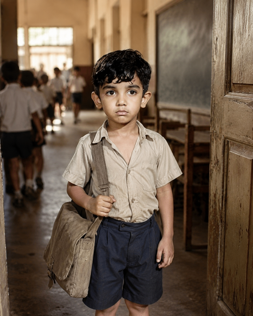 AI recreation of a child standing at a school classroom doorway