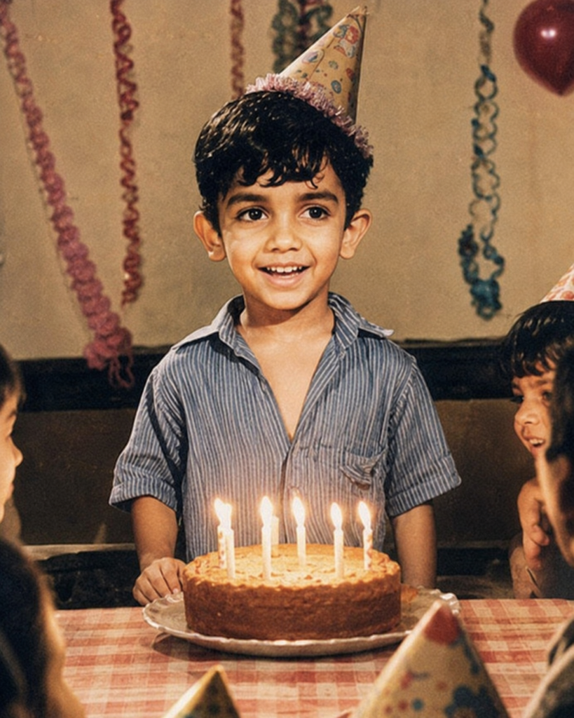 AI recreation of a childhood birthday party with cake and decorations