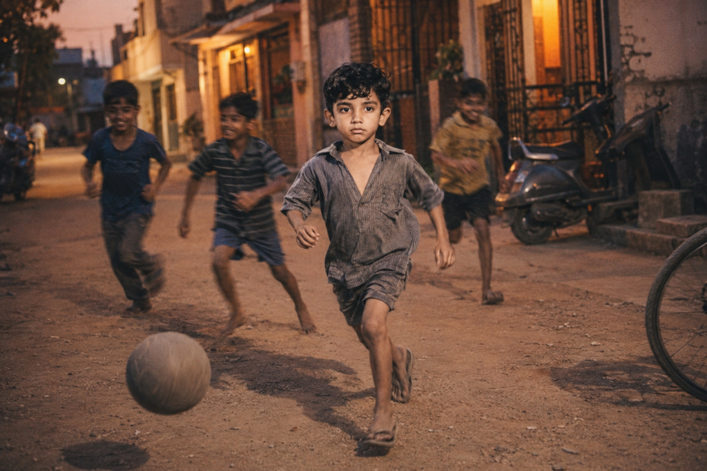 Child playing outdoors in a 1990s Indian neighbourhood at dusk