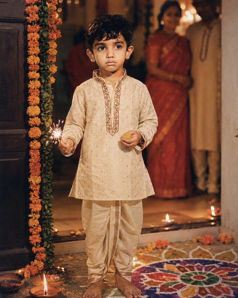 Child in traditional clothes near a decorated festival doorway