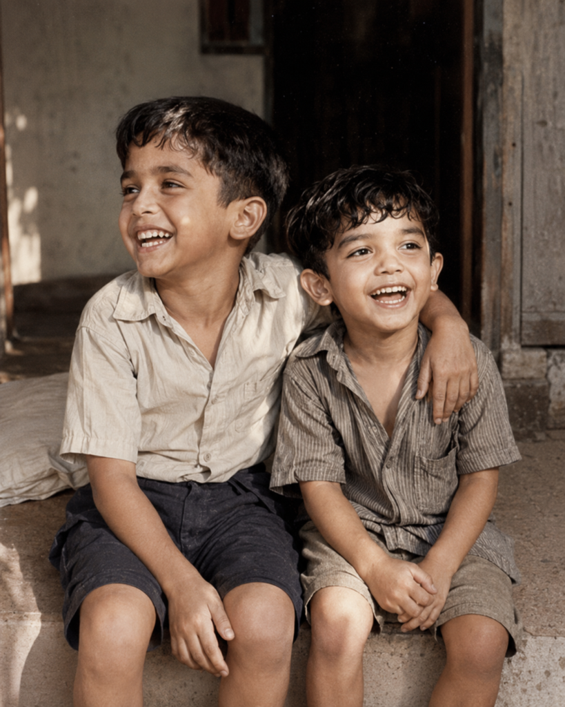 Two siblings sitting together as children in a warm home setting