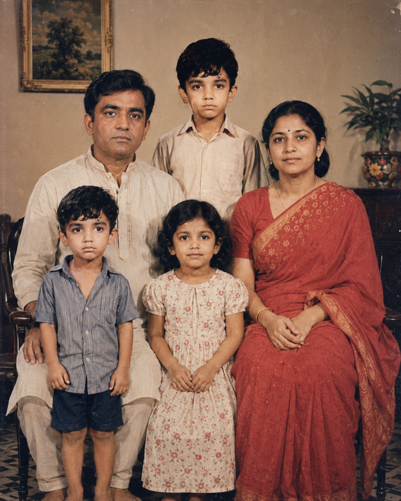 Period-style family portrait with parents and children posed at home
