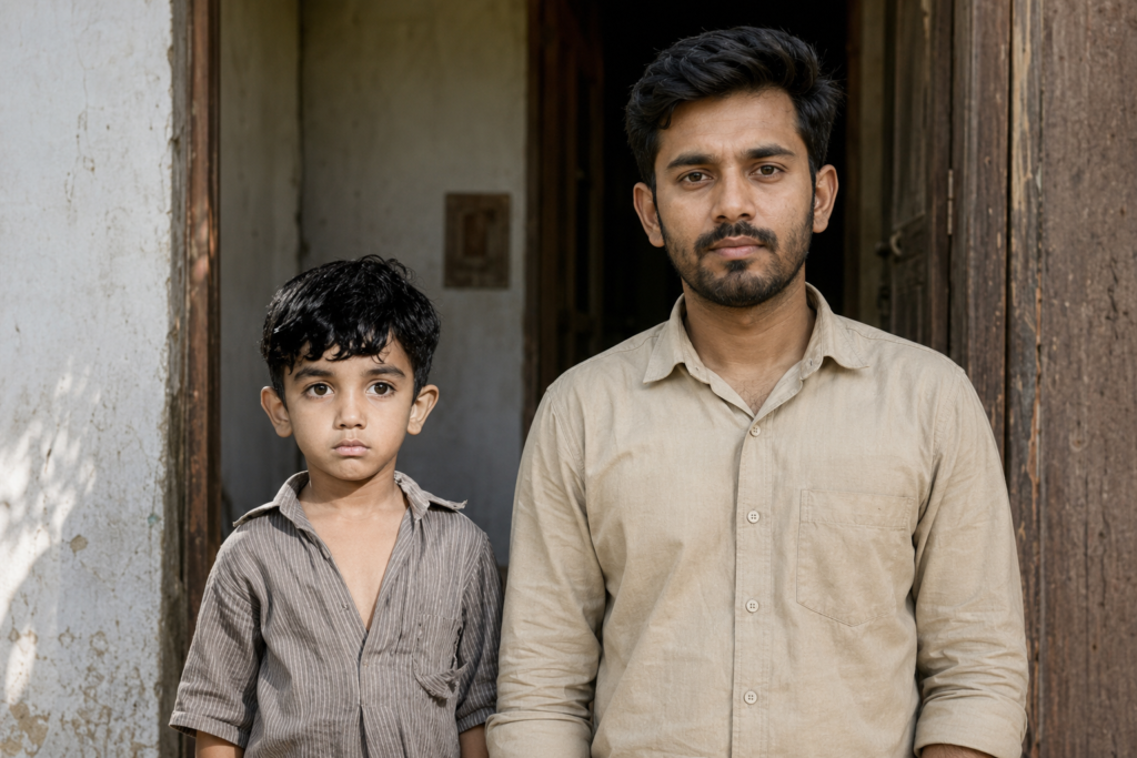 Same person shown as a child and adult standing side by side