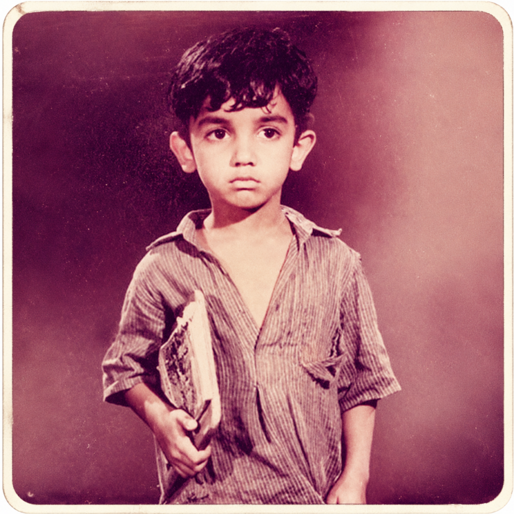 Childhood photograph restyled with a faded 1990s Indian film look