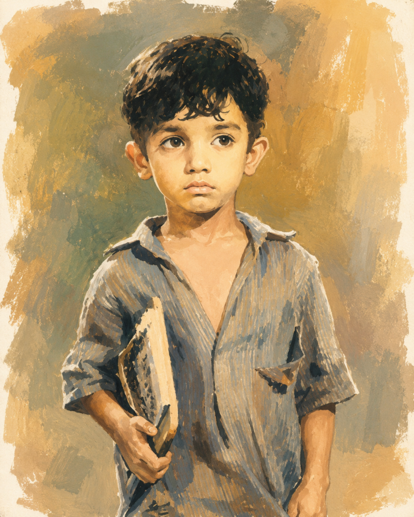 Hand-painted storybook illustration based on a childhood photograph