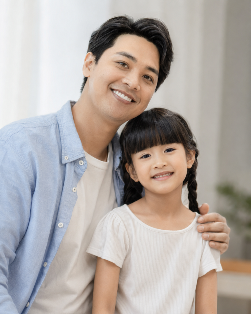 Father standing close behind his young daughter in a natural portrait created with a Gemini AI prompt