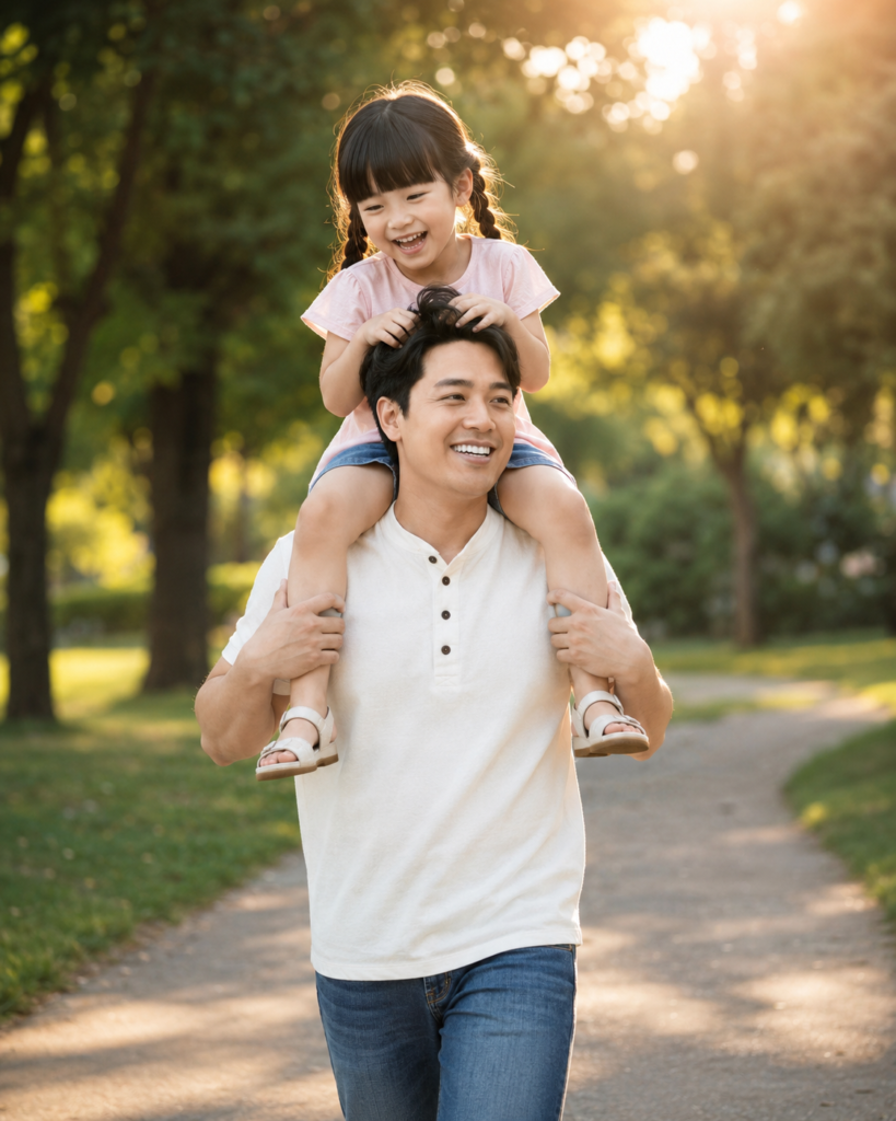 Father walking in a park with his toddler daughter sitting securely on his shoulders