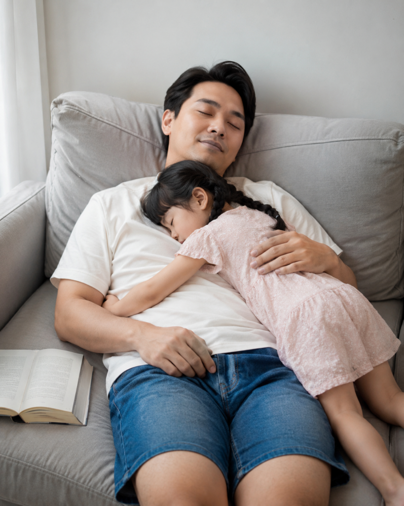 Father resting on a sofa with his toddler daughter asleep on his chest