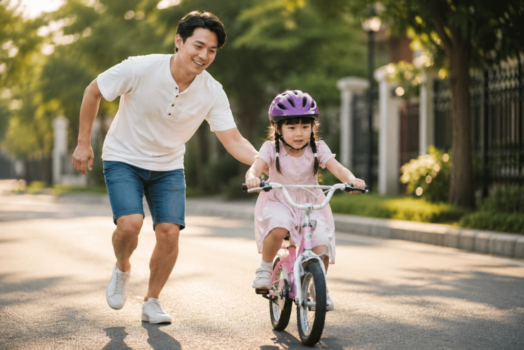 Father running beside his young daughter as she learns to ride a bicycle with a helmet