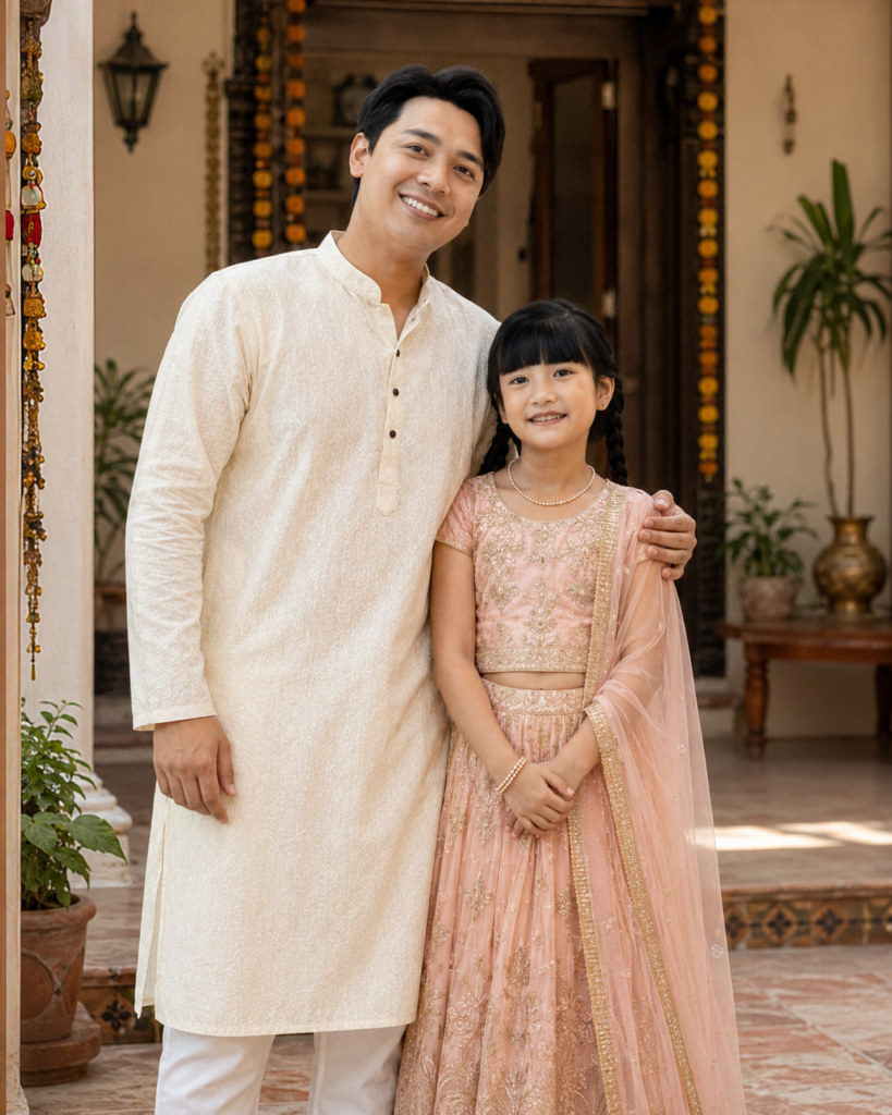 Father and young daughter posing together in coordinated traditional Indian clothing