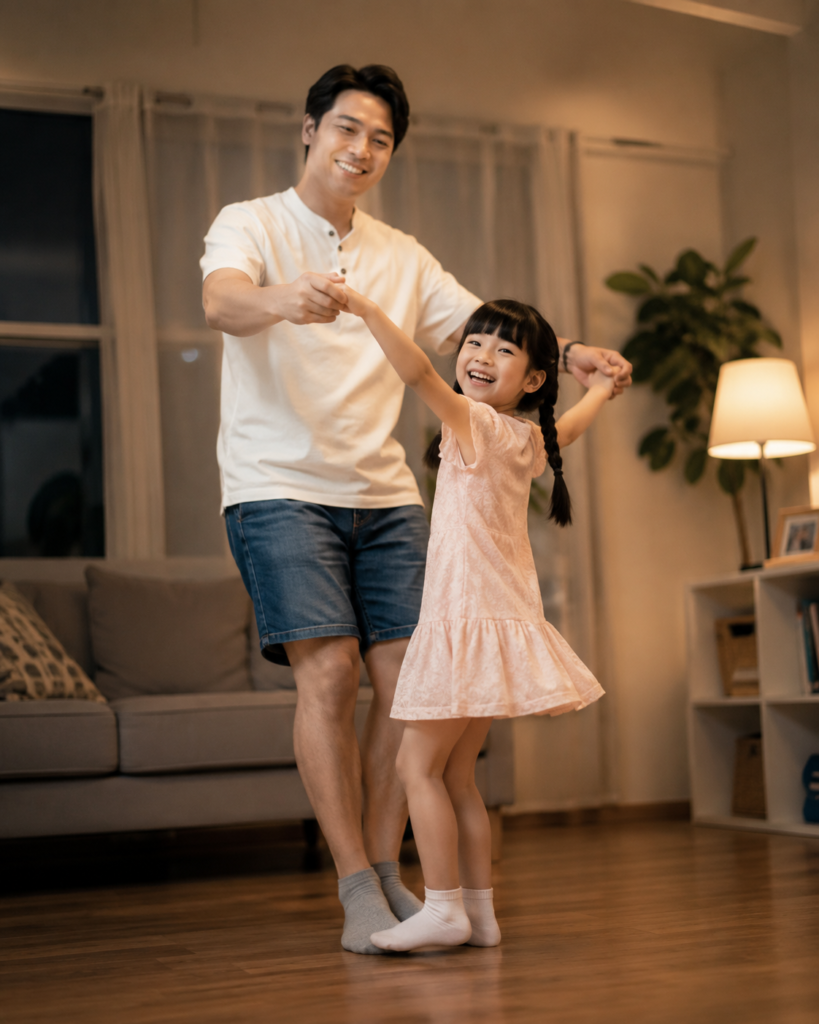 Father dancing in a living room with his young daughter standing on his feet