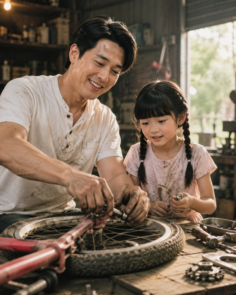 Father guiding his young daughter while they repair a bicycle together in a workshop
