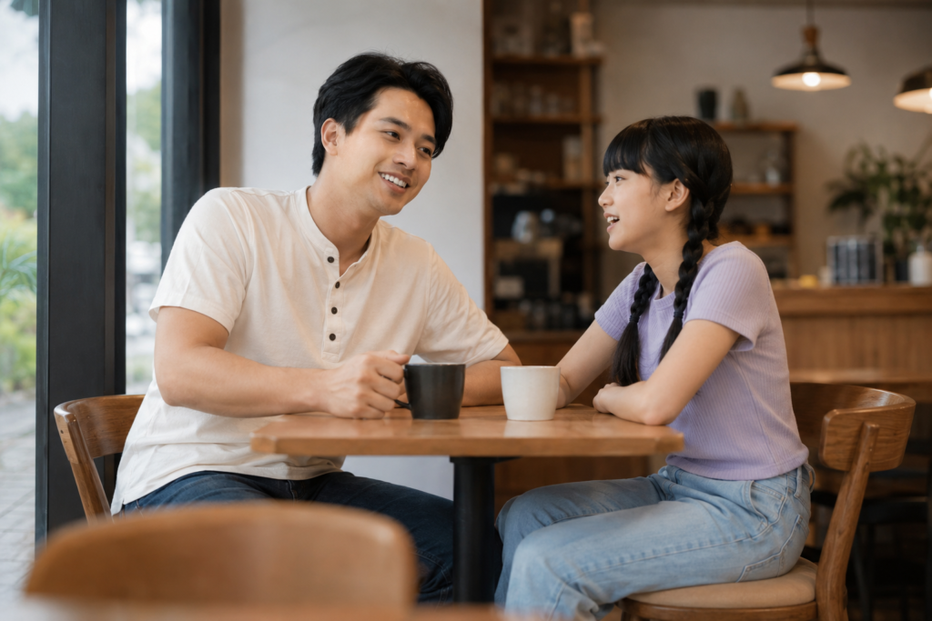 Father listening to his teenage daughter during a natural conversation at a cafe table