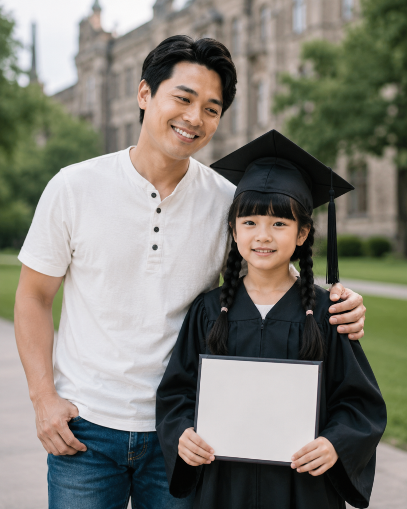 Proud father standing with his daughter in a graduation cap and gown on a university campus