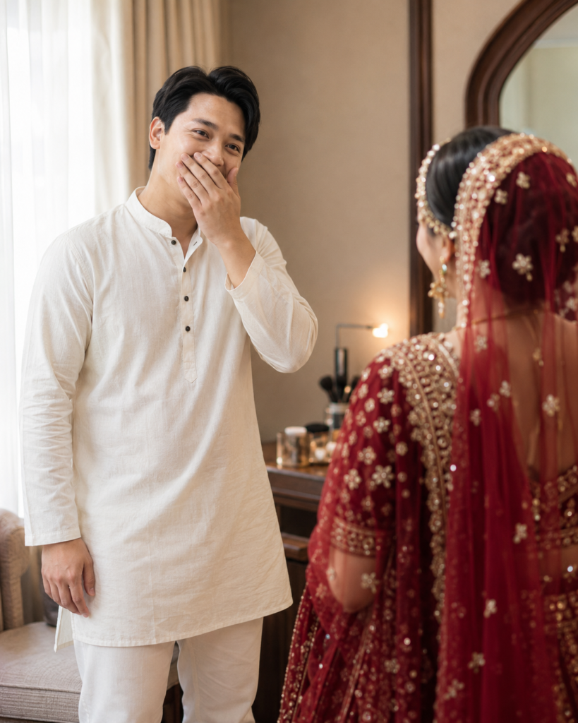 Father reacting emotionally as he sees his adult daughter in her bridal outfit for the first time