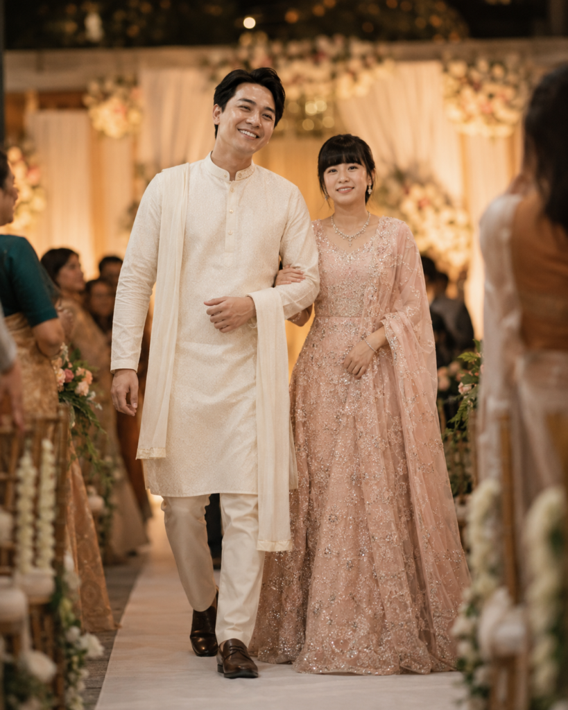 Father walking arm in arm with his adult daughter toward her wedding ceremony