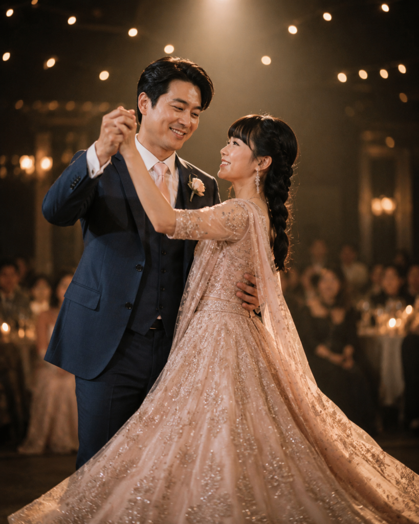 Father dancing with his adult daughter at her wedding reception under warm string lights