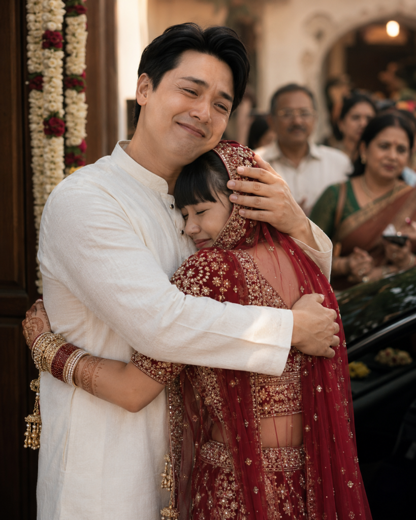 Father embracing his adult daughter during an emotional vidaai after her wedding