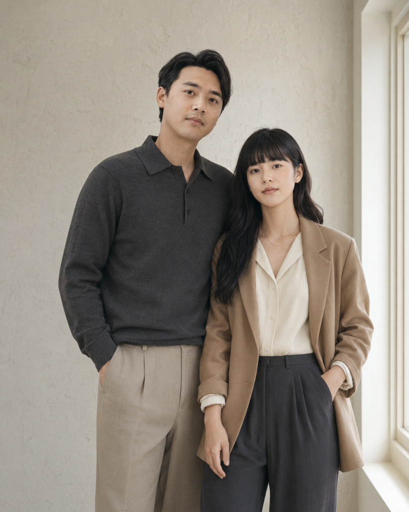 Modern editorial portrait of a father and his adult daughter in coordinated neutral clothing