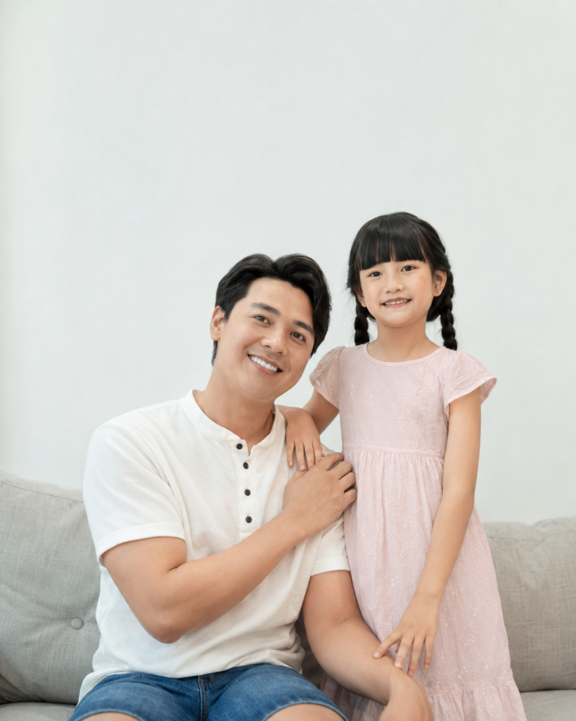 Father seated beside his daughter in a warm Father's Day portrait with their hands joined
