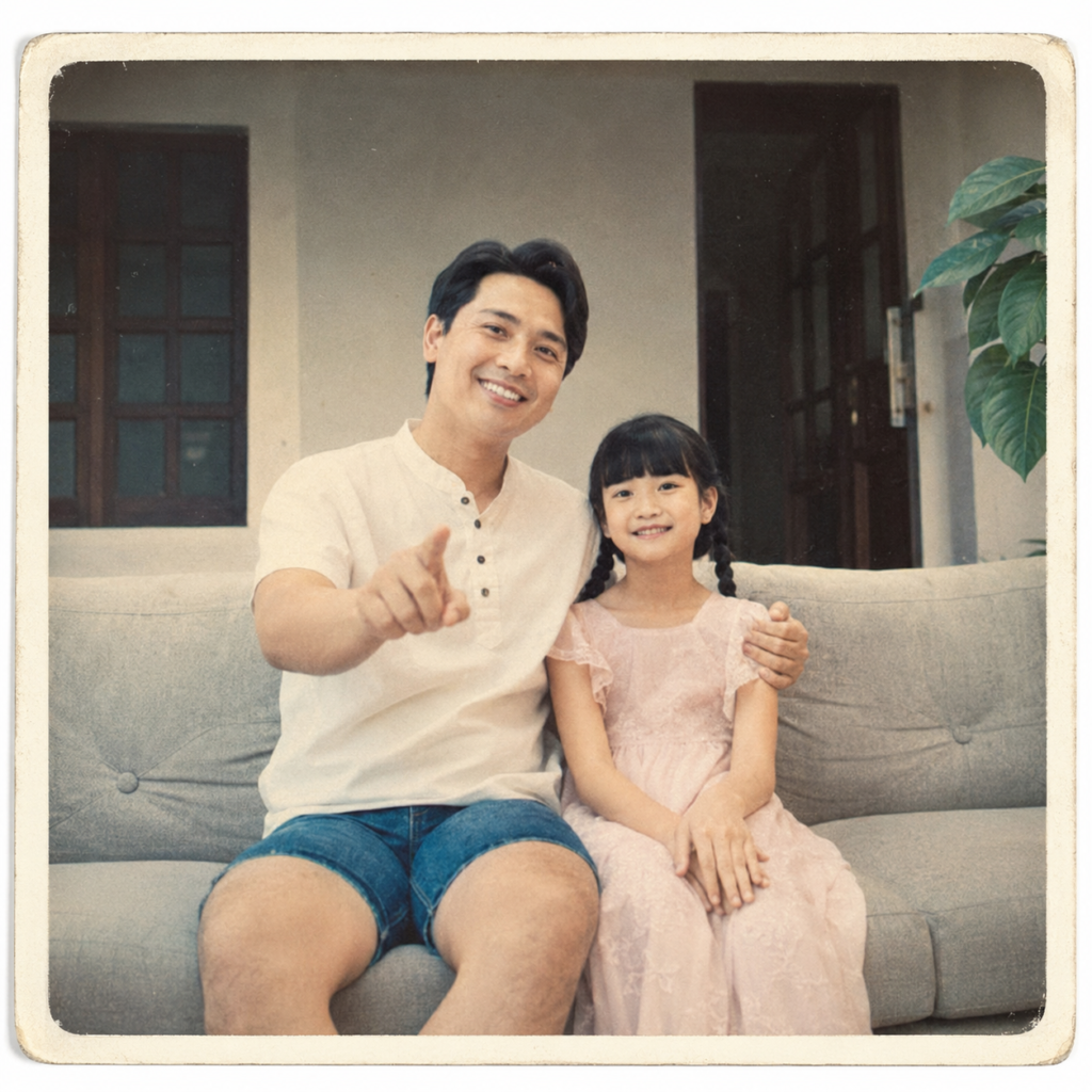 Father and daughter portrait restyled as a warm faded 1980s family album photograph