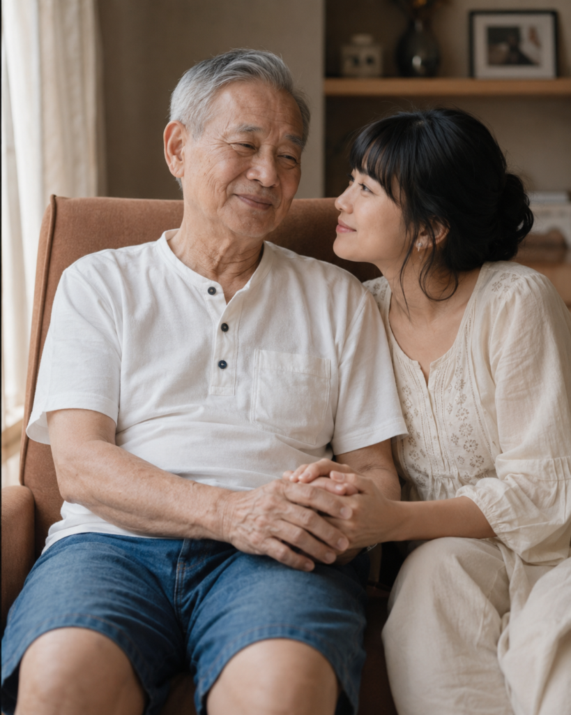 Adult daughter sitting beside her elderly father and holding his hand in a quiet home portrait