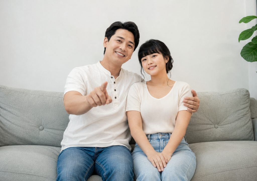 Present-day father and adult daughter recreating the pose and composition of an old childhood photograph
