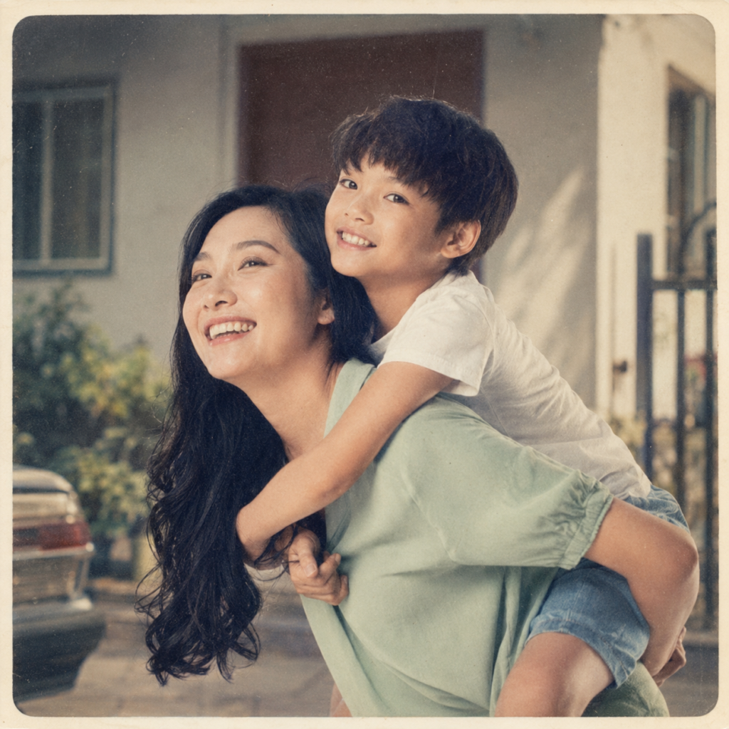 Mother giving her young son a piggyback ride in a faded 1980s album photo