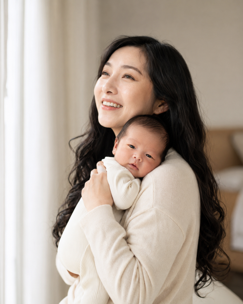 Mother holding her newborn son against her shoulder in soft window light