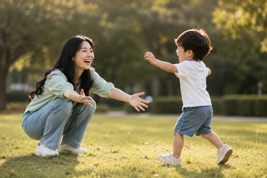 Toddler son walking toward his crouching mother in a sunlit park