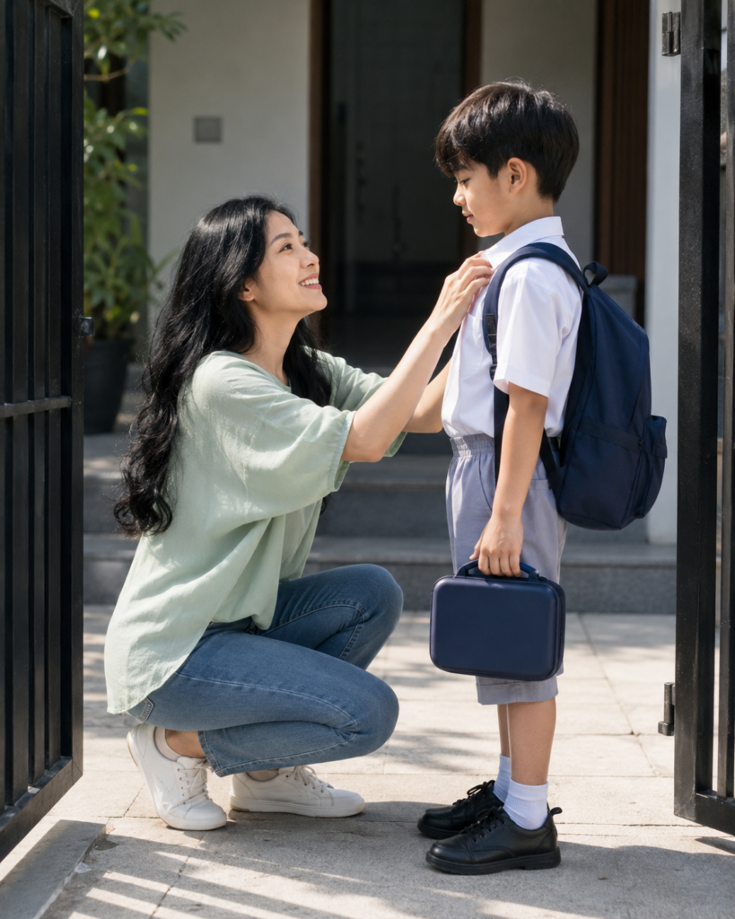 Mother adjusting her young son's school uniform at the front gate