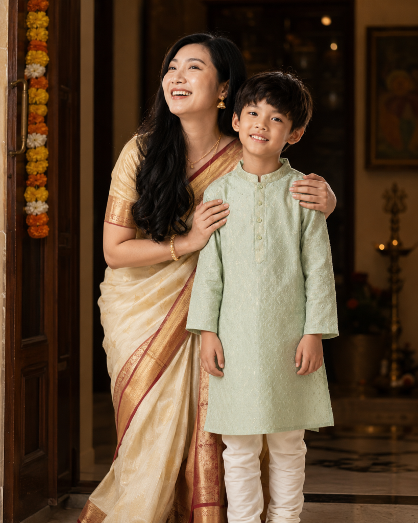 Mother in a silk saree standing with her young son in a kurta-pyjama