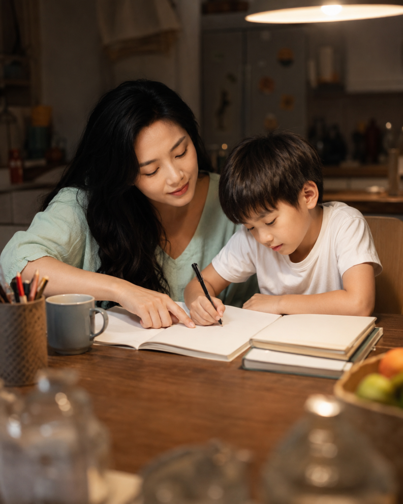Mother helping her young son with homework at the kitchen table
