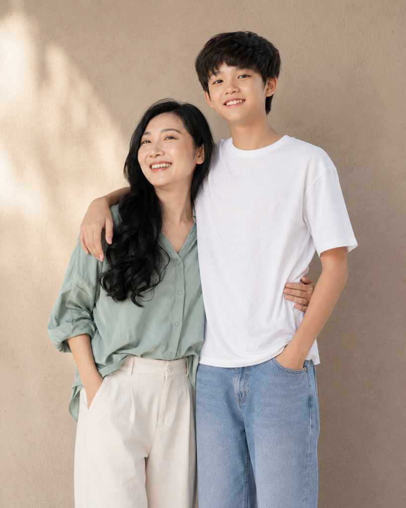 Teenage son standing taller than his mother with an arm over her shoulder