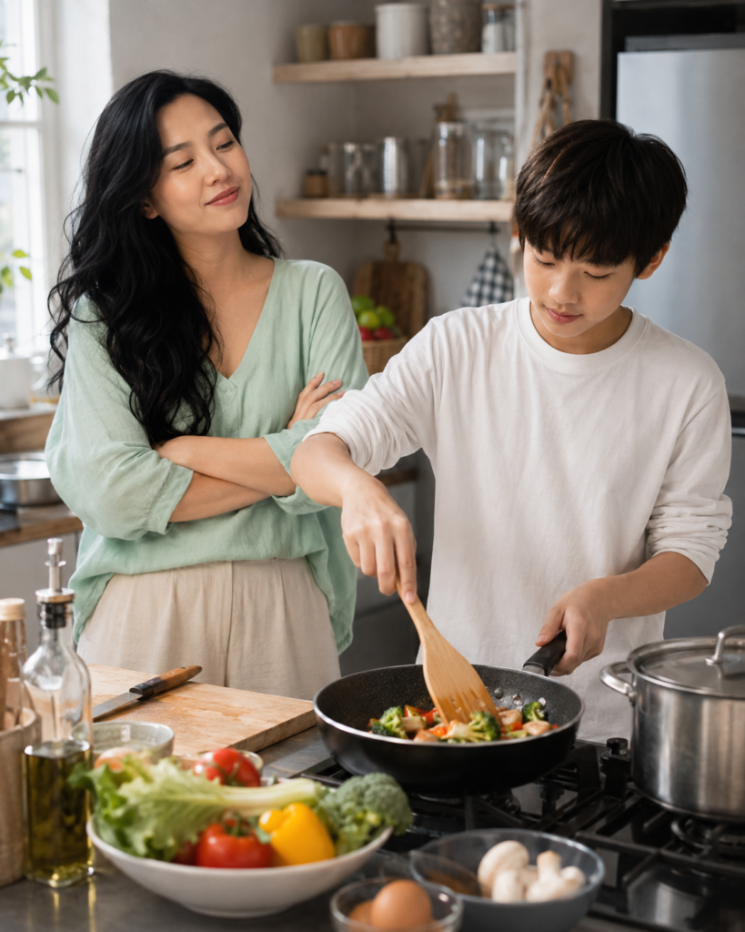 Teenage son cooking at the stove while his mother watches in the kitchen