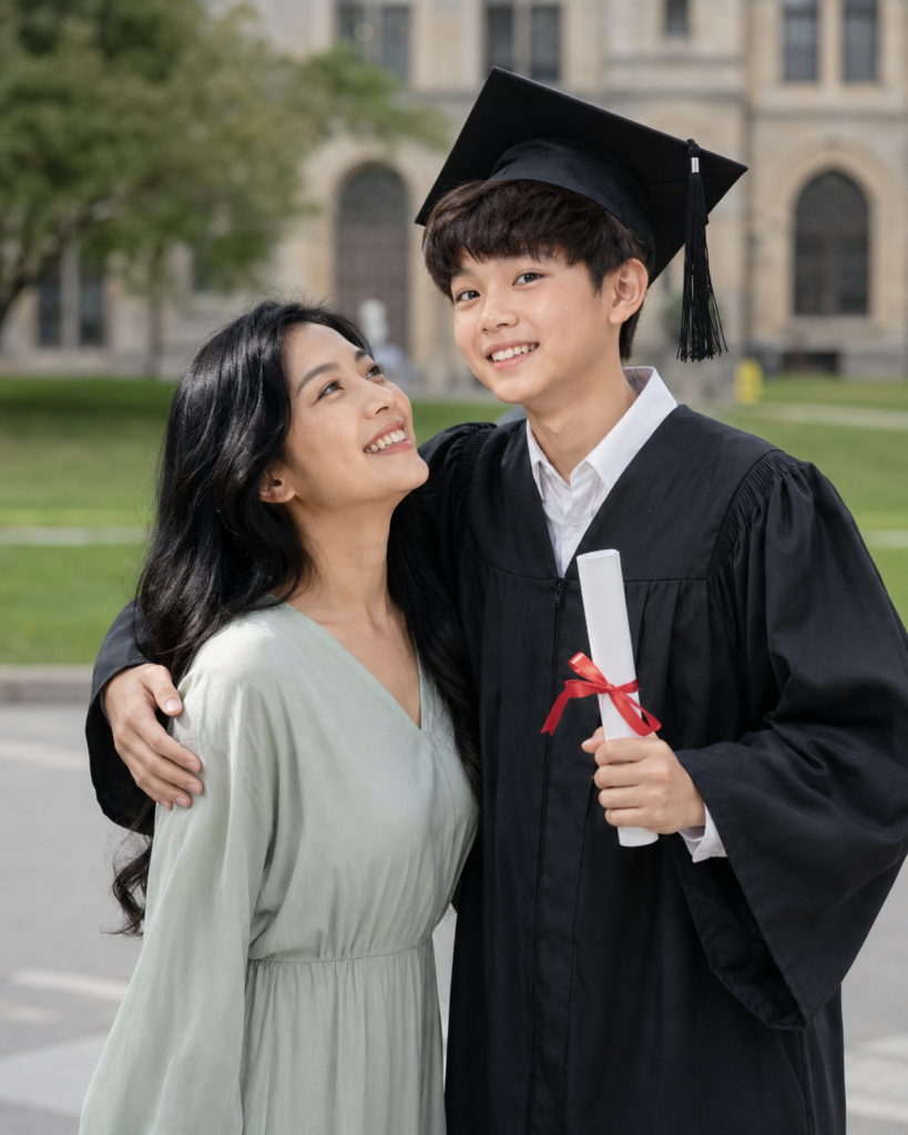 Graduate son standing with his proud mother on graduation day