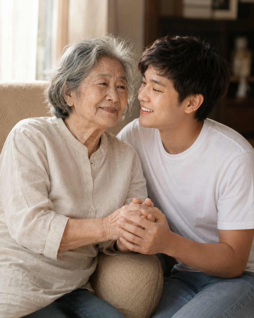 Adult son holding both hands of his elderly mother beside her chair