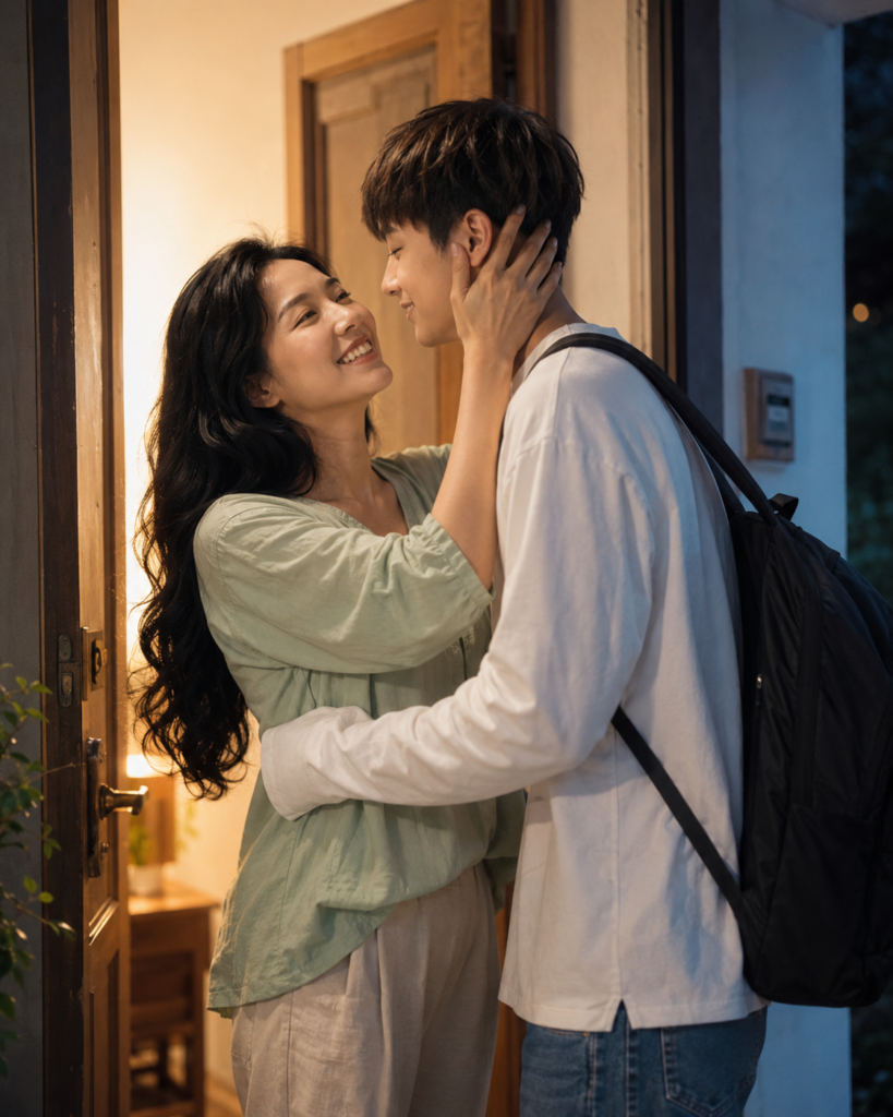 Adult son embracing his mother during a doorway homecoming reunion