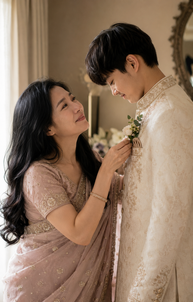 Mother adjusting her adult son's sherwani on his wedding day