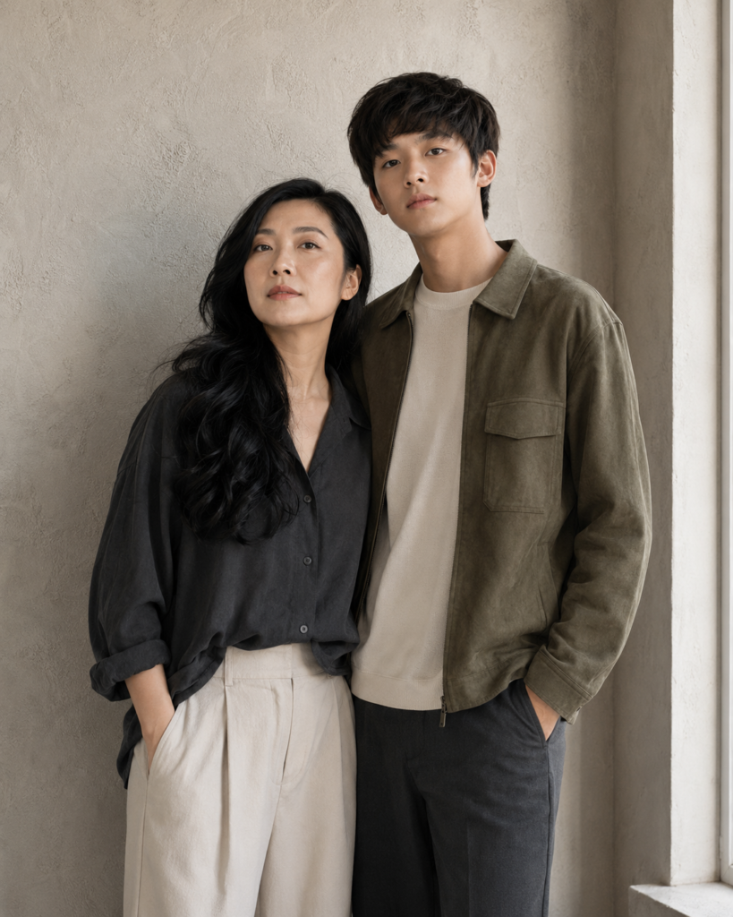 Modern editorial portrait of a mother and her adult son in muted clothing