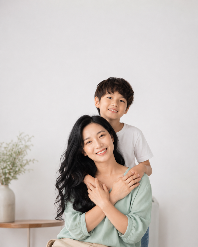 Mother's Day portrait of a seated mother with her son standing behind her