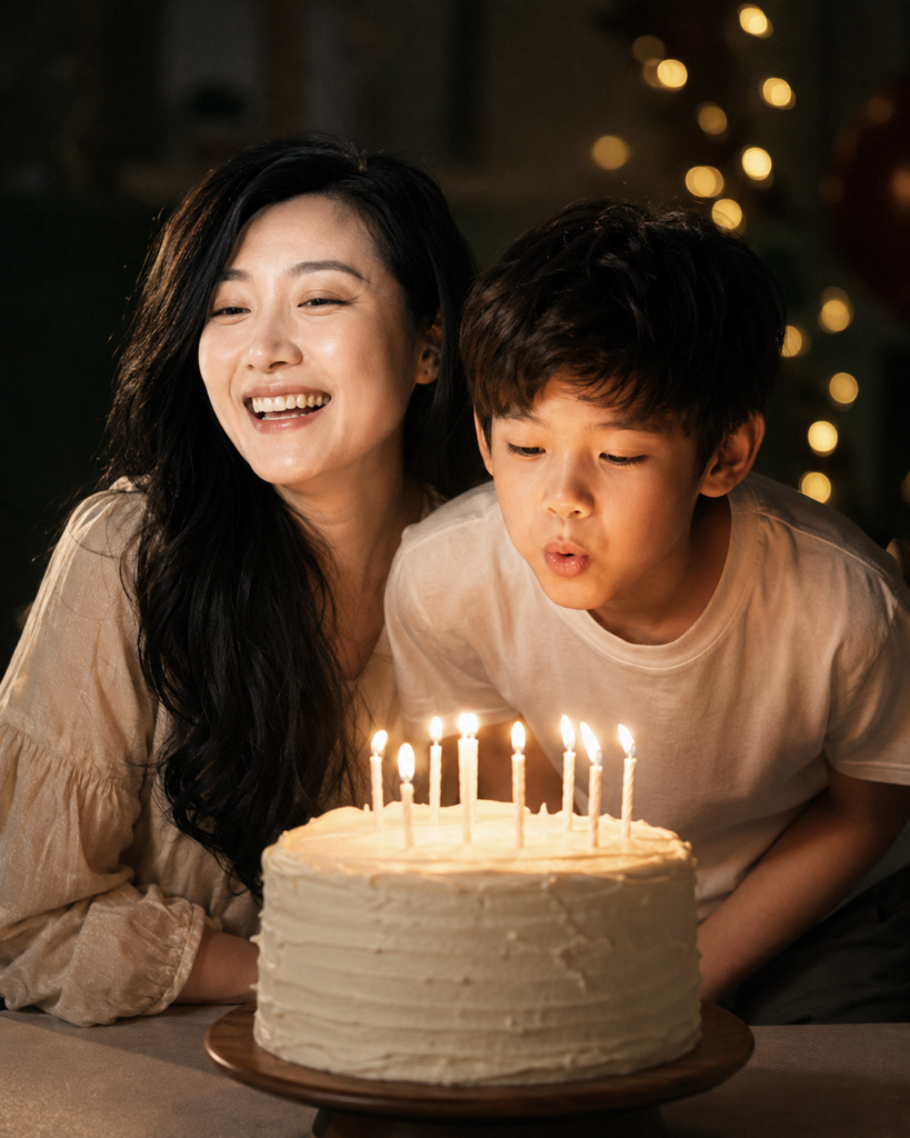 Mother laughing beside her son as he blows out birthday cake candles