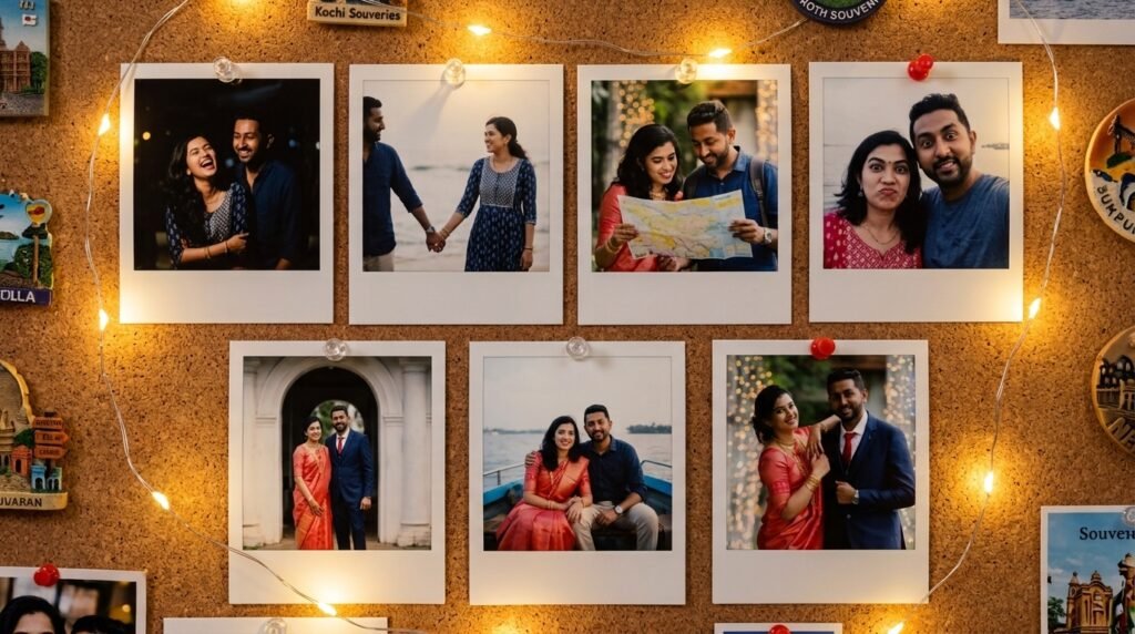 Corkboard covered in six polaroid photos of a couple strung with warm fairy lights