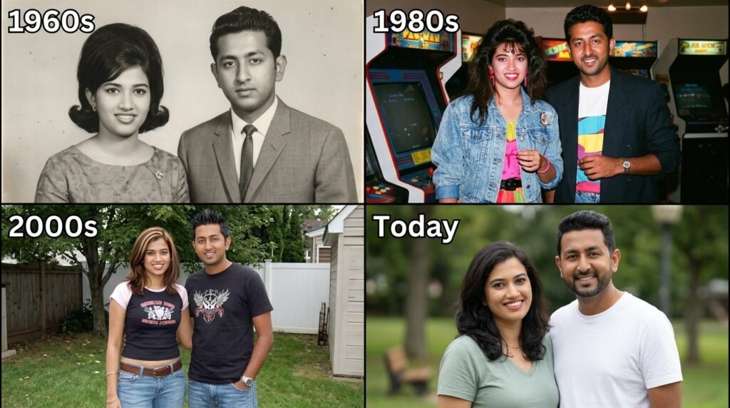 Four-panel grid showing a couple styled across four decades from the 1960s to today