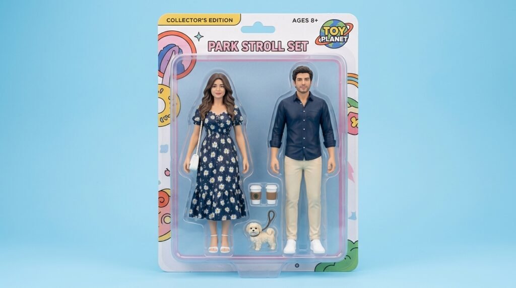 Couple designed as collectible action figures inside retail blister packaging
