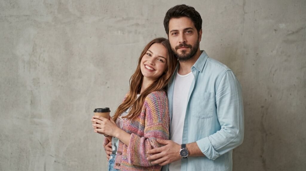Couple posing together against a textured wall in a relaxed editorial portrait