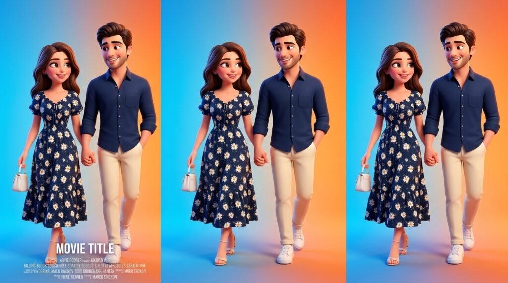 Couple rendered as expressive 3D animated characters on a colorful movie poster