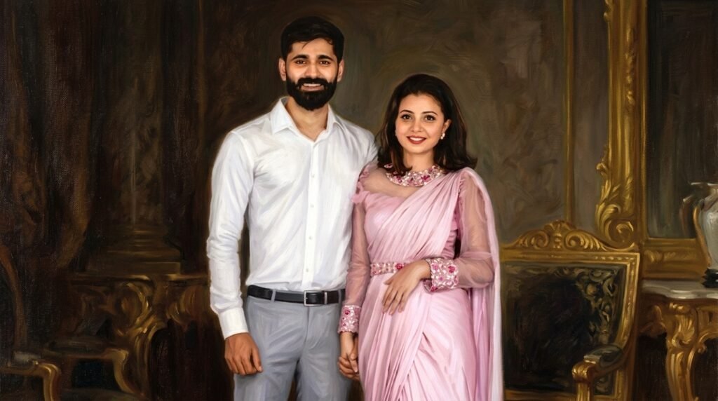 Indian couple rendered as a classical oil painting with rich drapery and soft portrait lighting